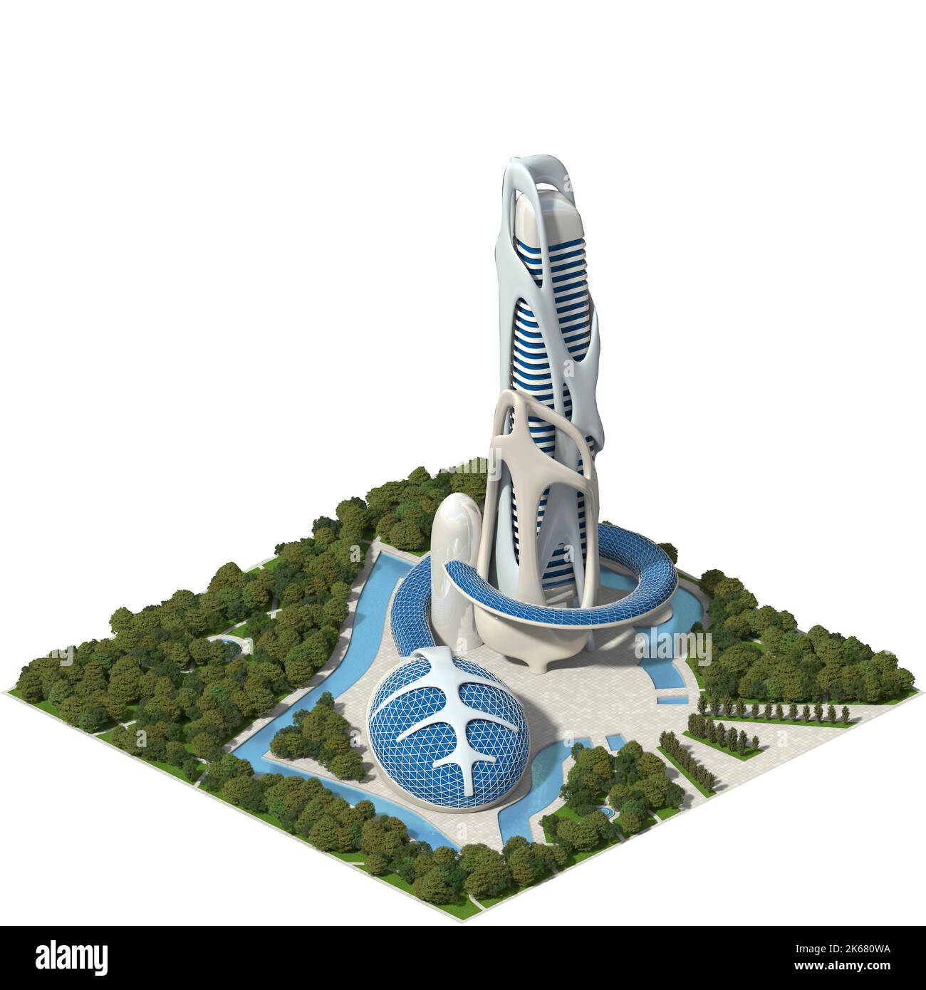 Futuristische Architektur quadratisch gefliestes Spiel in dimetrischer Projektion mit einer isometrischen Kamera gerendert. Der Isolationspfad ist in der 3D-Illustration enthalten Stockfoto