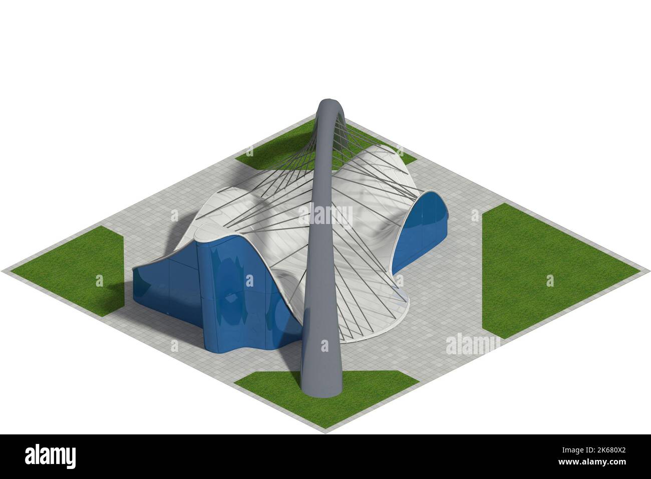 Futuristische Architektur quadratisch gefliestes Spiel in dimetrischer Projektion mit einer isometrischen Kamera gerendert. Der Isolationspfad ist in der 3D-Illustration enthalten Stockfoto