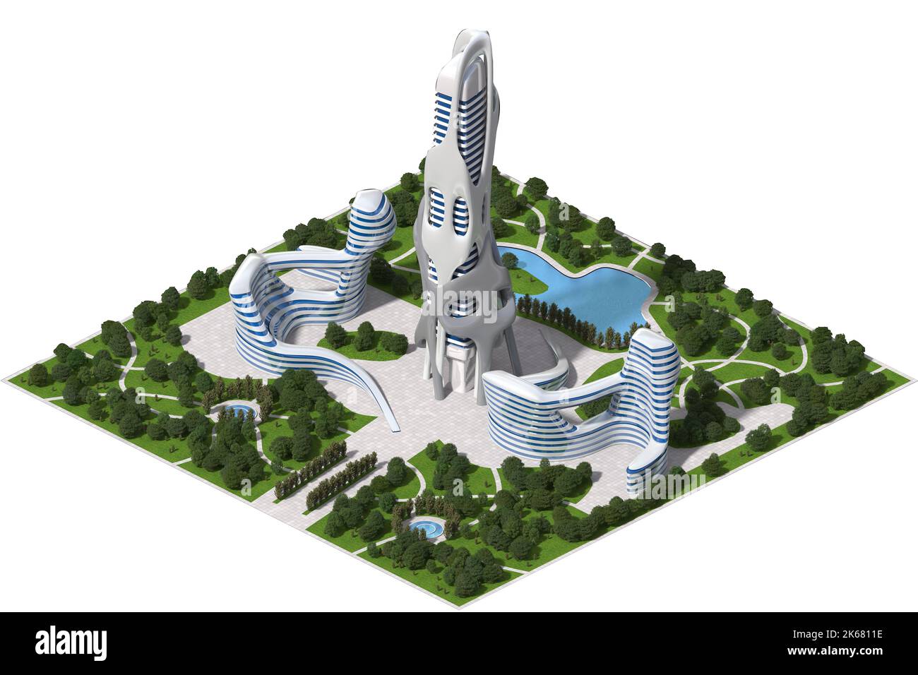 Futuristische Architektur quadratisch gefliestes Spiel in dimetrischer Projektion mit einer isometrischen Kamera gerendert. Der Isolationspfad ist in der 3D-Illustration enthalten Stockfoto