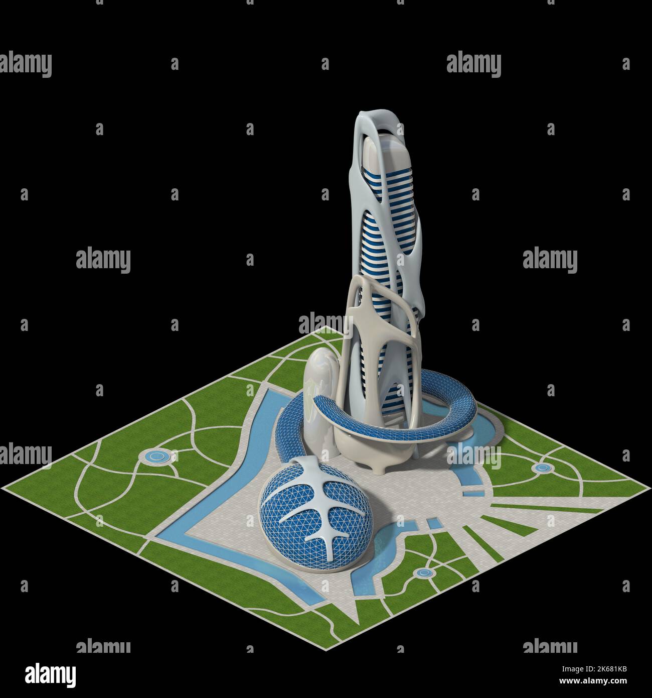 Futuristische Stadtarchitektur mit organischen Strukturen, für ein quadratisches Gitter gefliestes Spiel oder Science-Fiction-Grafik-Hintergründe. Der Beschneidungspfad ist enthalten Stockfoto