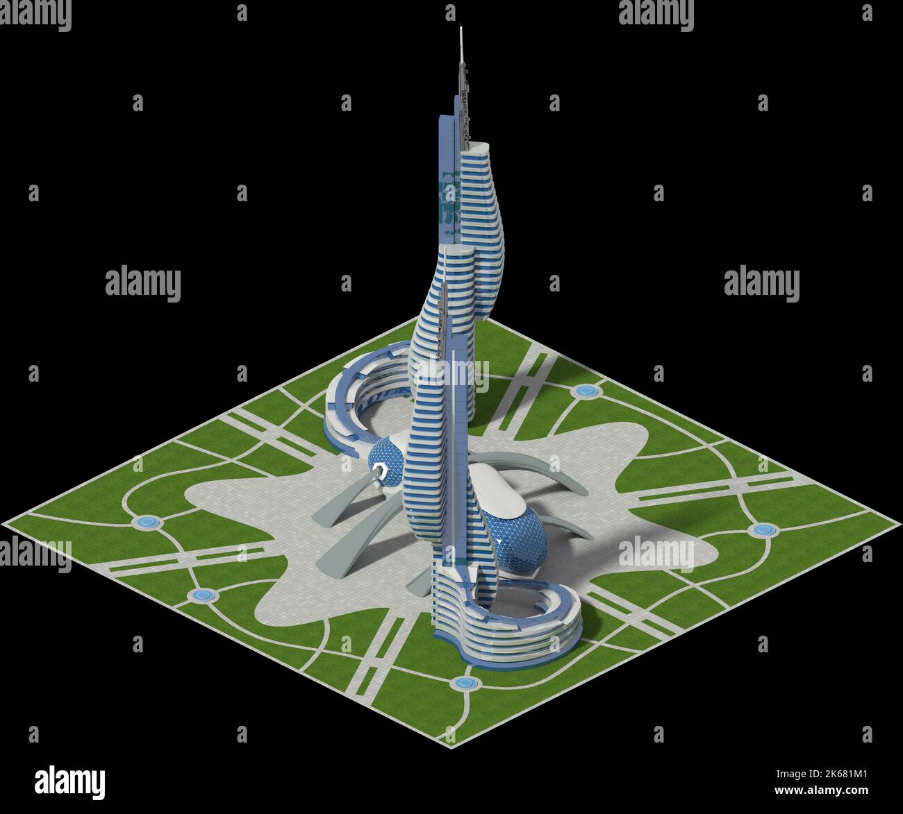 Futuristische Architektur quadratisch gefliestes Spiel in dimetrischer Projektion mit einer isometrischen Kamera gerendert. Der Isolationspfad ist in der 3D-Illustration enthalten Stockfoto