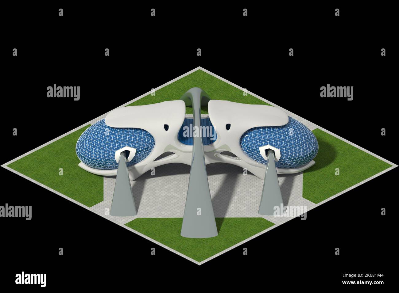 Futuristische Stadtarchitektur mit organischen Strukturen, für ein quadratisches Gitter gefliestes Spiel oder Science-Fiction-Grafik-Hintergründe. Der Beschneidungspfad ist enthalten Stockfoto