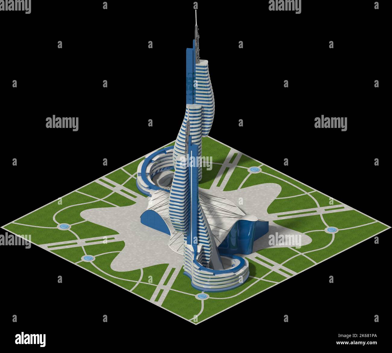 Futuristische Architektur quadratisch gefliestes Spiel in dimetrischer Projektion mit einer isometrischen Kamera gerendert. Der Isolationspfad ist in der 3D-Illustration enthalten Stockfoto