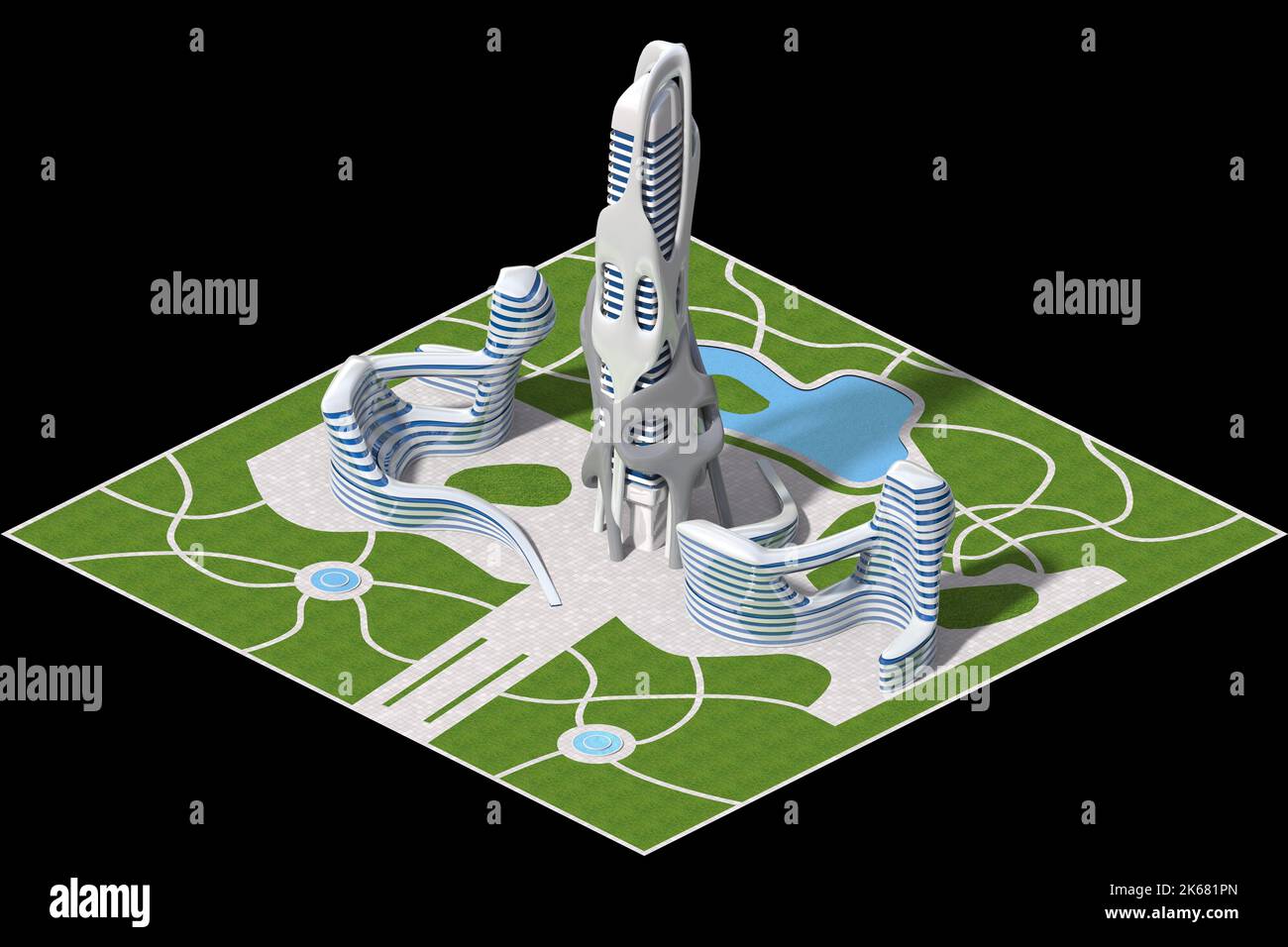 Futuristische Stadtarchitektur mit organischen Strukturen, für ein quadratisches Gitter gefliestes Spiel oder Science-Fiction-Grafik-Hintergründe. Der Beschneidungspfad ist enthalten Stockfoto