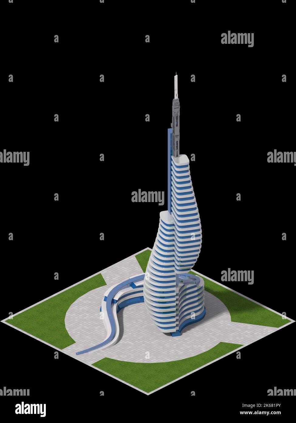 Futuristische Stadtarchitektur mit organischen Strukturen, für ein quadratisches Gitter gefliestes Spiel oder Science-Fiction-Grafik-Hintergründe. Der Beschneidungspfad ist enthalten Stockfoto