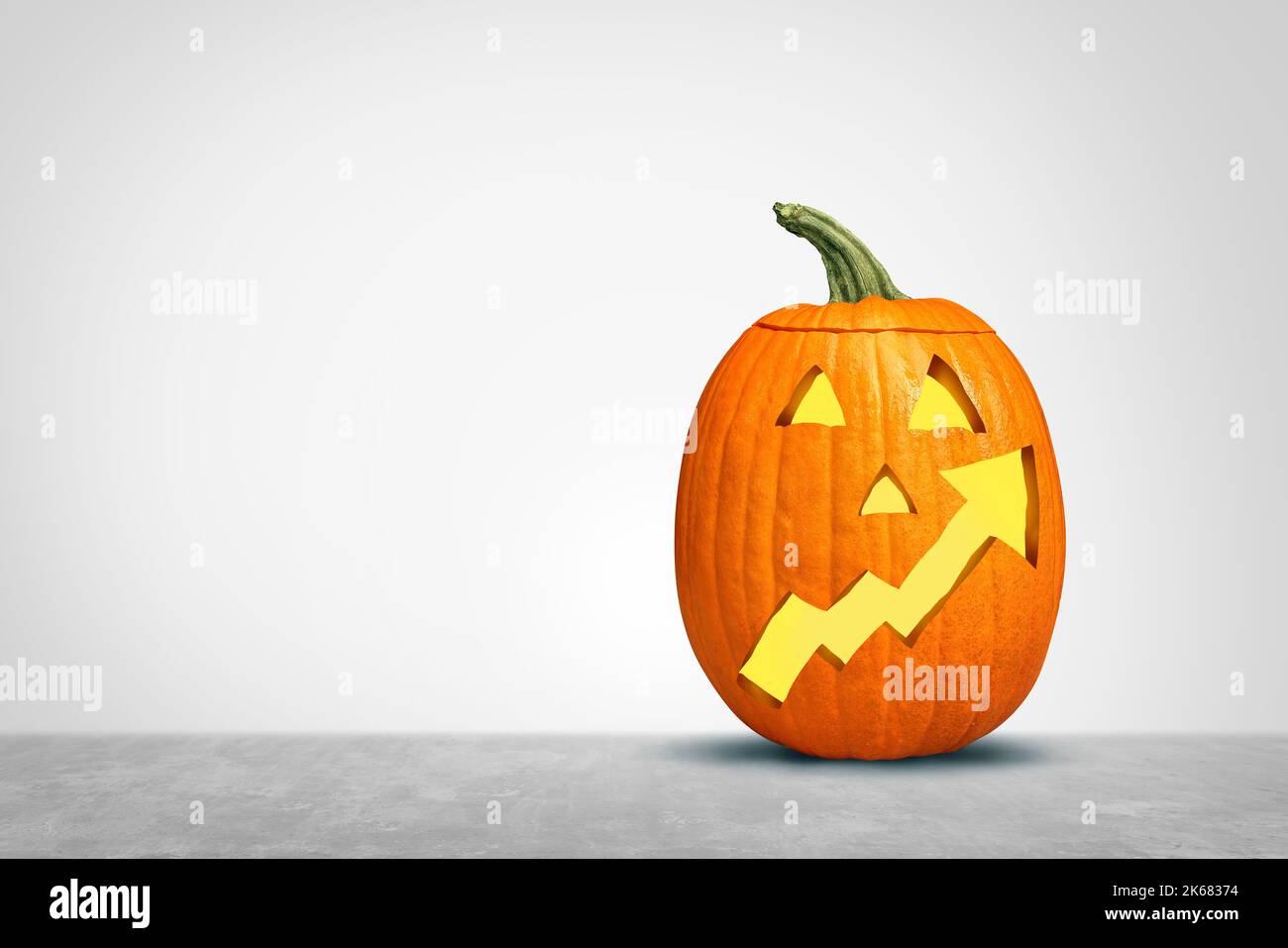 Inflationskonzept für die Halloween-Saison als Herbstkürbis-Symbol mit einem nach oben gelehnten Pfeil der Finanzkarte, der steigende Preise der Herbstsaison darstellt. Stockfoto