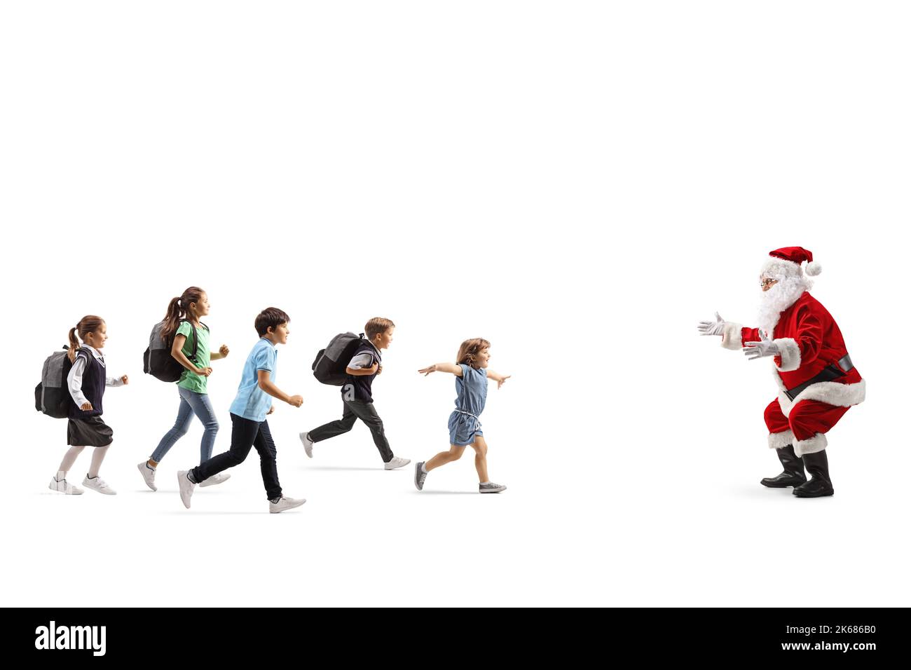 Gruppe von Kindern, die auf den weihnachtsmann laufen, isoliert auf weißem Hintergrund Stockfoto