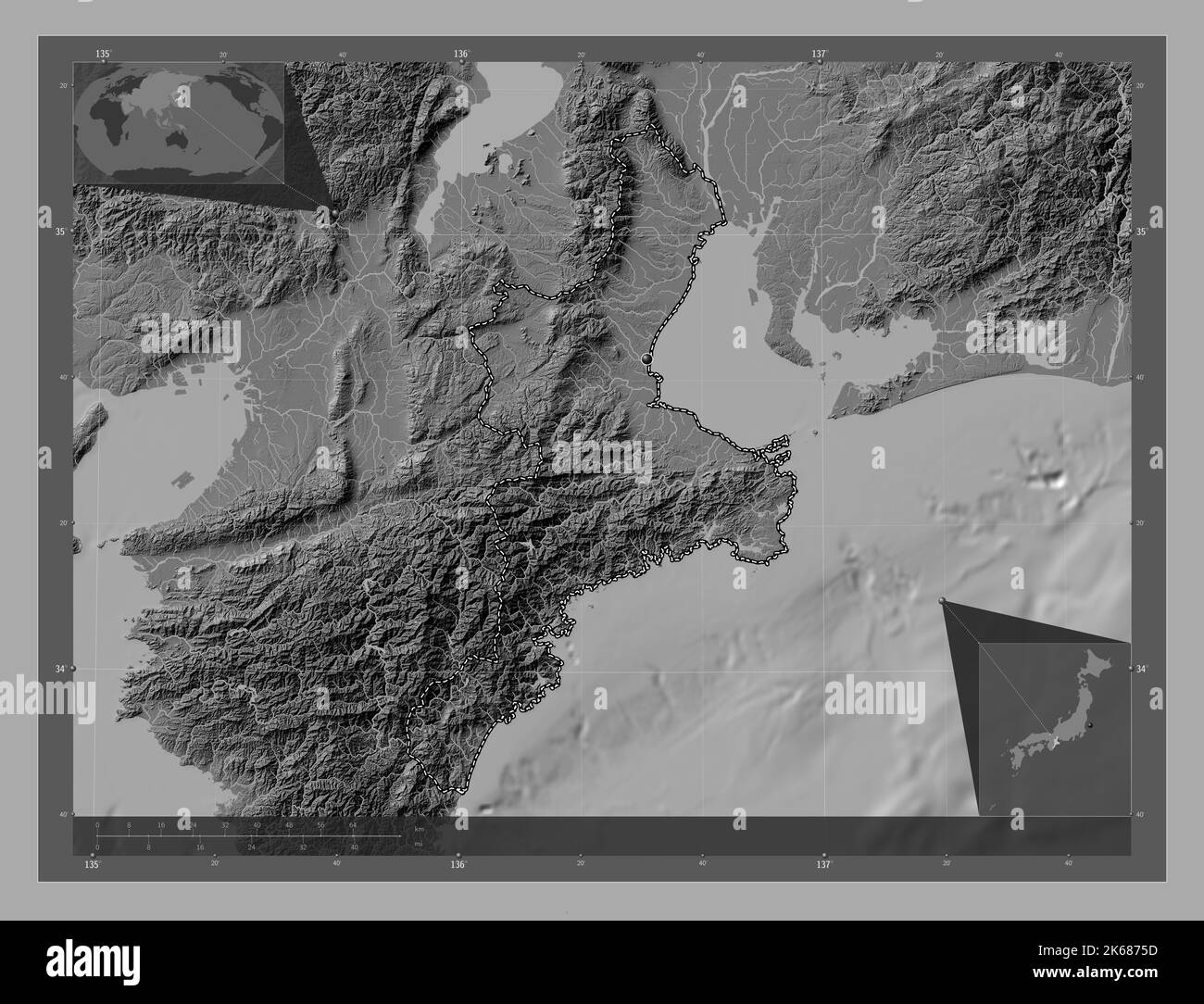 Mie, Präfektur von Japan. Bilevel-Höhenkarte mit Seen und Flüssen. Karten für zusätzliche Eckposition Stockfoto