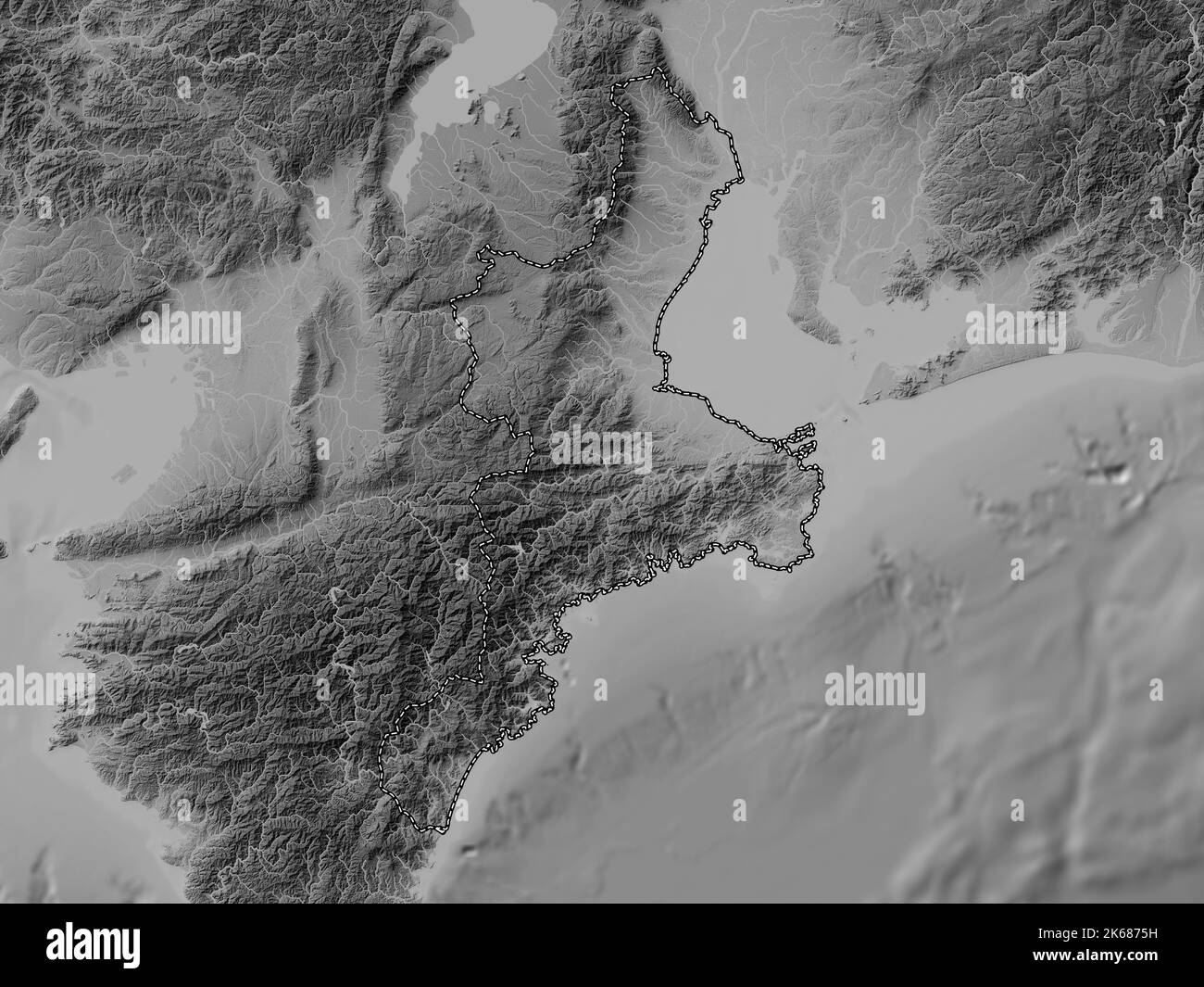 Mie, Präfektur von Japan. Höhenkarte in Graustufen mit Seen und Flüssen Stockfoto