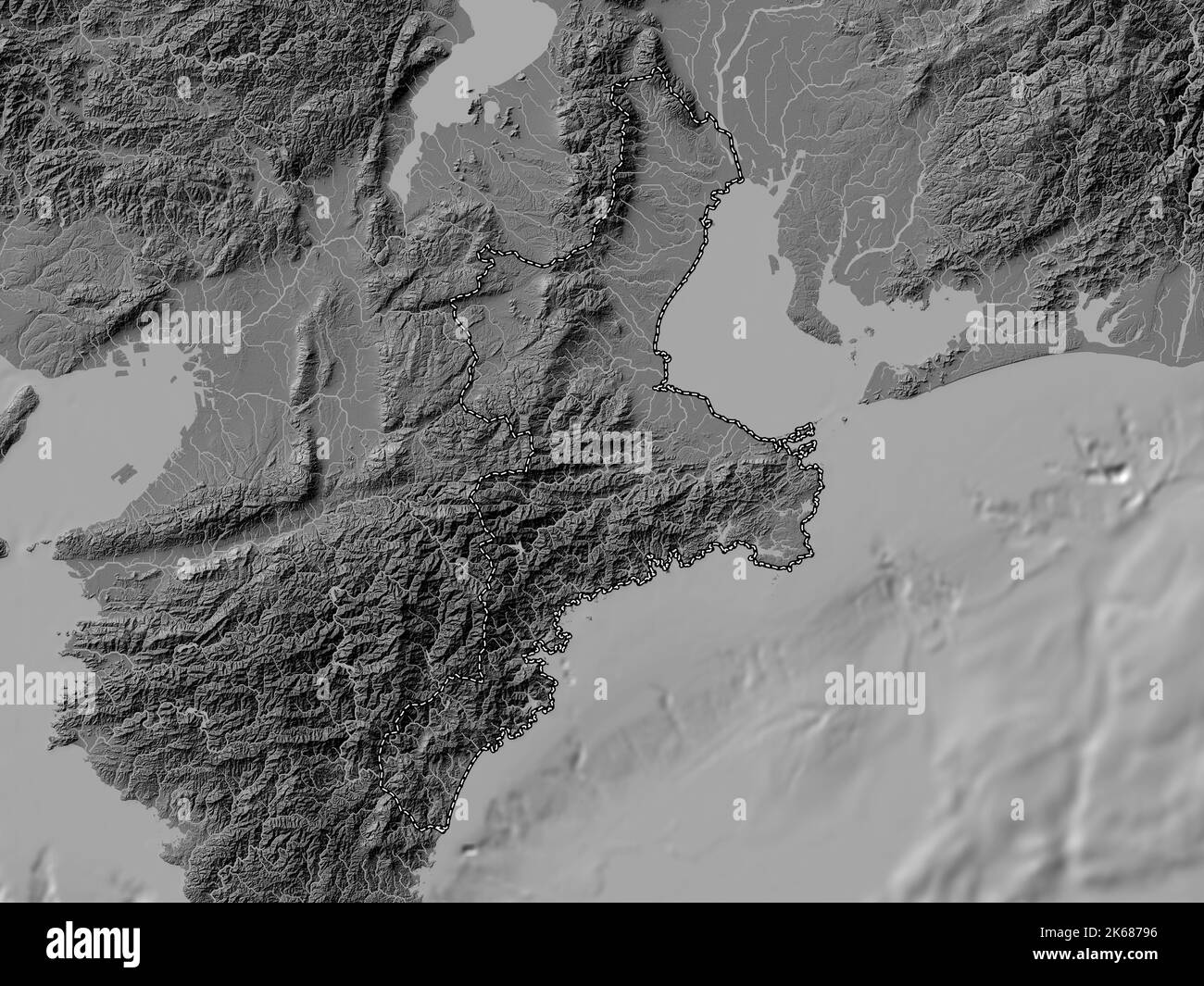 Mie, Präfektur von Japan. Bilevel-Höhenkarte mit Seen und Flüssen Stockfoto