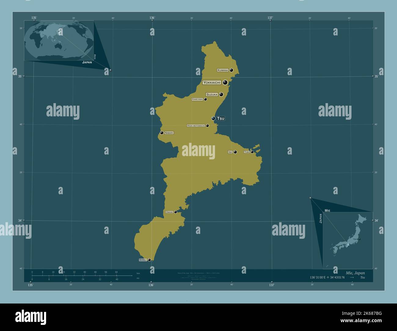 Mie, Präfektur von Japan. Einfarbige Form. Orte und Namen der wichtigsten Städte der Region. Karten für zusätzliche Eckposition Stockfoto