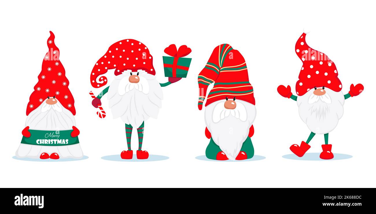 Drei niedliche Weihnachtsgnome. Vektorzeichen im flachen Stil. Set von Weihnachtsgnomen mit Geschenken Süßigkeiten Illustration Stock Vektor