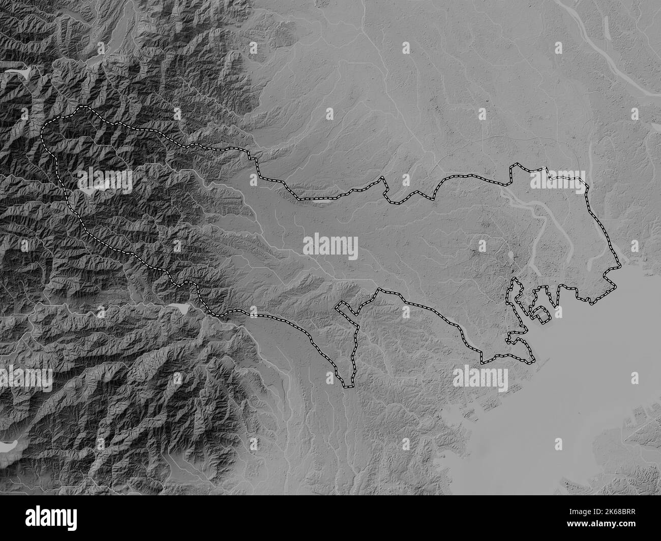 Tokio, Metropole Japans. Höhenkarte in Graustufen mit Seen und Flüssen Stockfoto