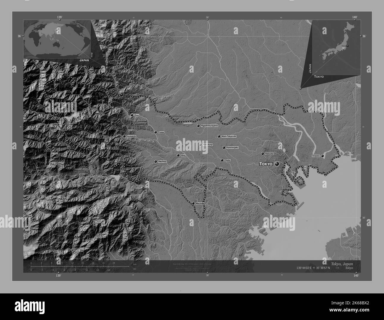 Tokio, Metropole Japans. Bilevel-Höhenkarte mit Seen und Flüssen. Orte und Namen der wichtigsten Städte der Region. Zusätzliche Position der Ecke Stockfoto