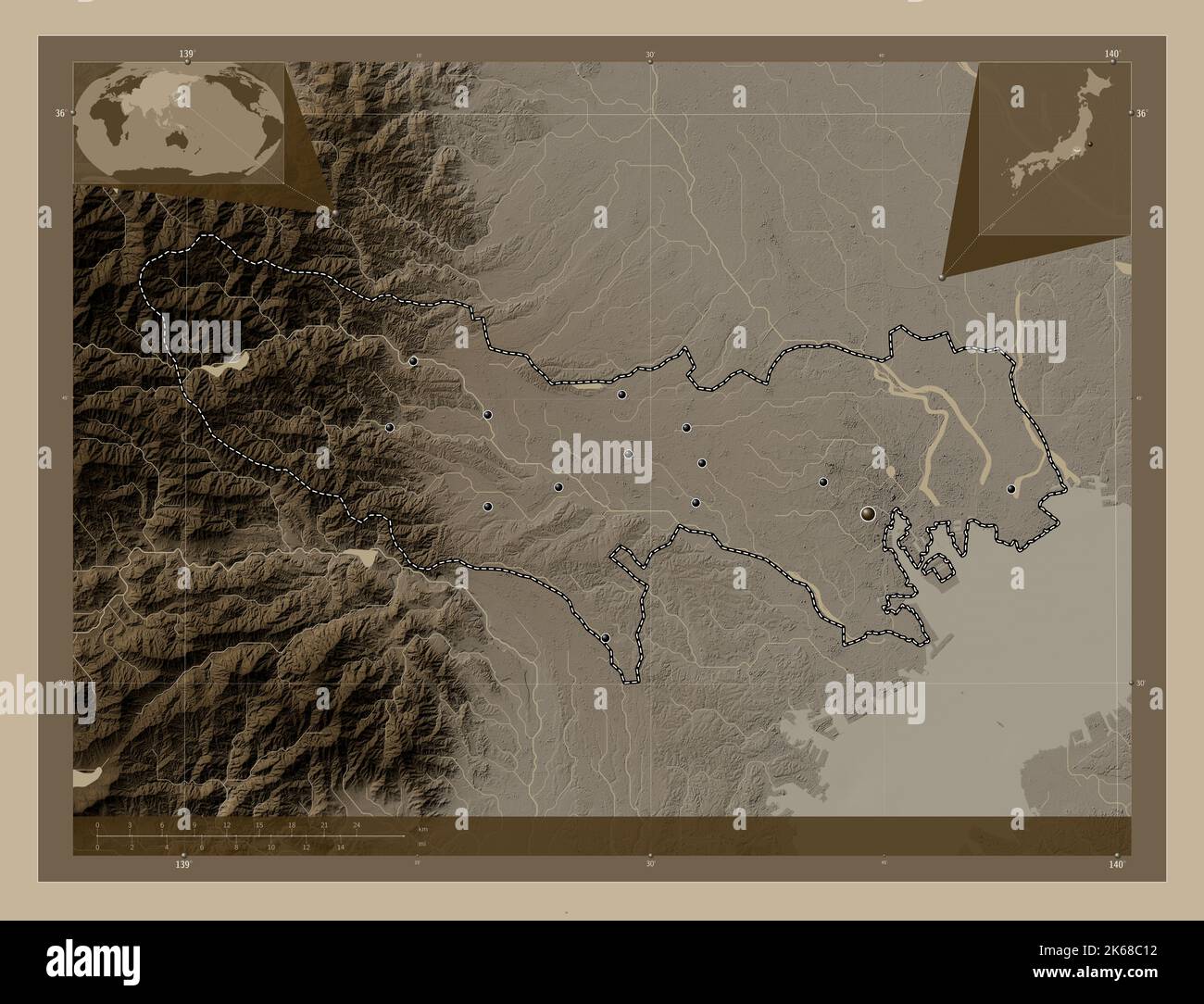 Tokio, Metropole Japans. Höhenkarte in Sepia-Tönen mit Seen und Flüssen. Standorte der wichtigsten Städte der Region. Ecke Zusatzlok Stockfoto