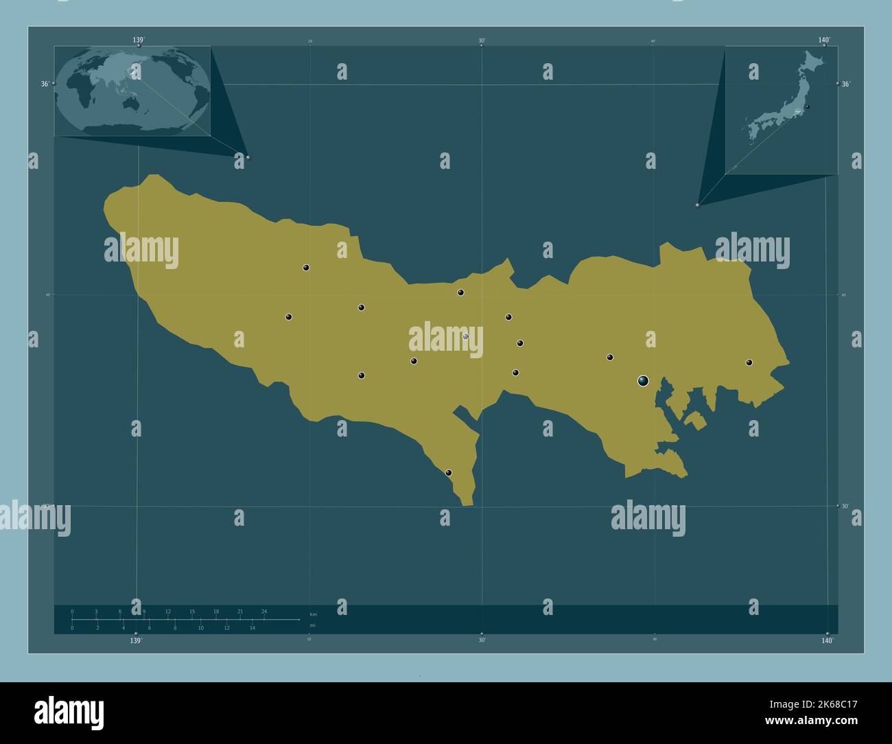 Tokio, Metropole Japans. Einfarbige Form. Standorte der wichtigsten Städte der Region. Karten für zusätzliche Eckposition Stockfoto