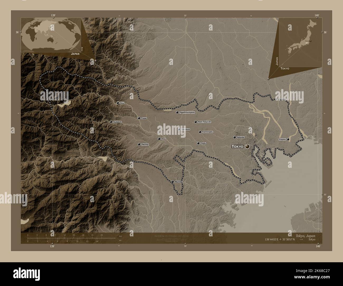 Tokio, Metropole Japans. Höhenkarte in Sepia-Tönen mit Seen und Flüssen. Orte und Namen der wichtigsten Städte der Region. Ecke Auxi Stockfoto