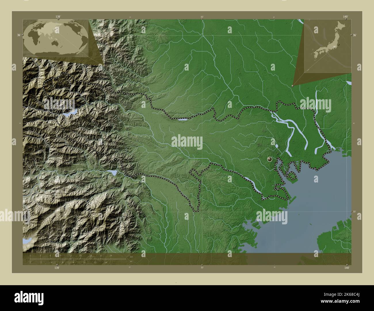 Tokio, Metropole Japans. Höhenkarte im Wiki-Stil mit Seen und Flüssen. Karten für zusätzliche Eckposition Stockfoto