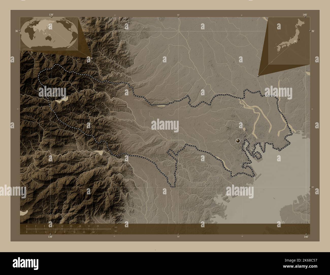 Tokio, Metropole Japans. Höhenkarte in Sepia-Tönen mit Seen und Flüssen. Karten für zusätzliche Eckposition Stockfoto