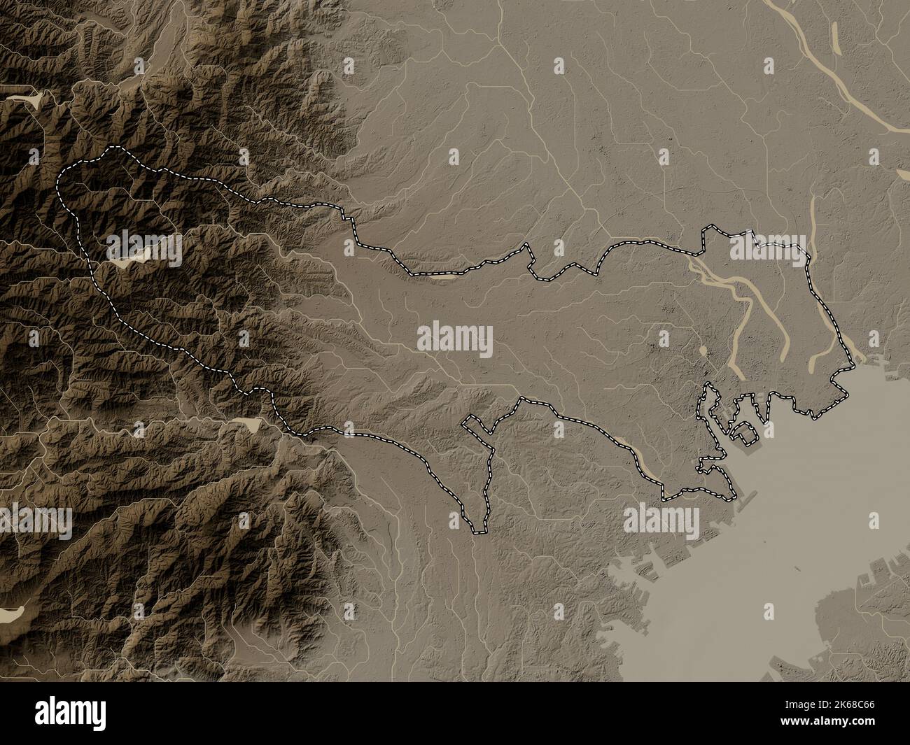 Tokio, Metropole Japans. Höhenkarte in Sepia-Tönen mit Seen und Flüssen Stockfoto