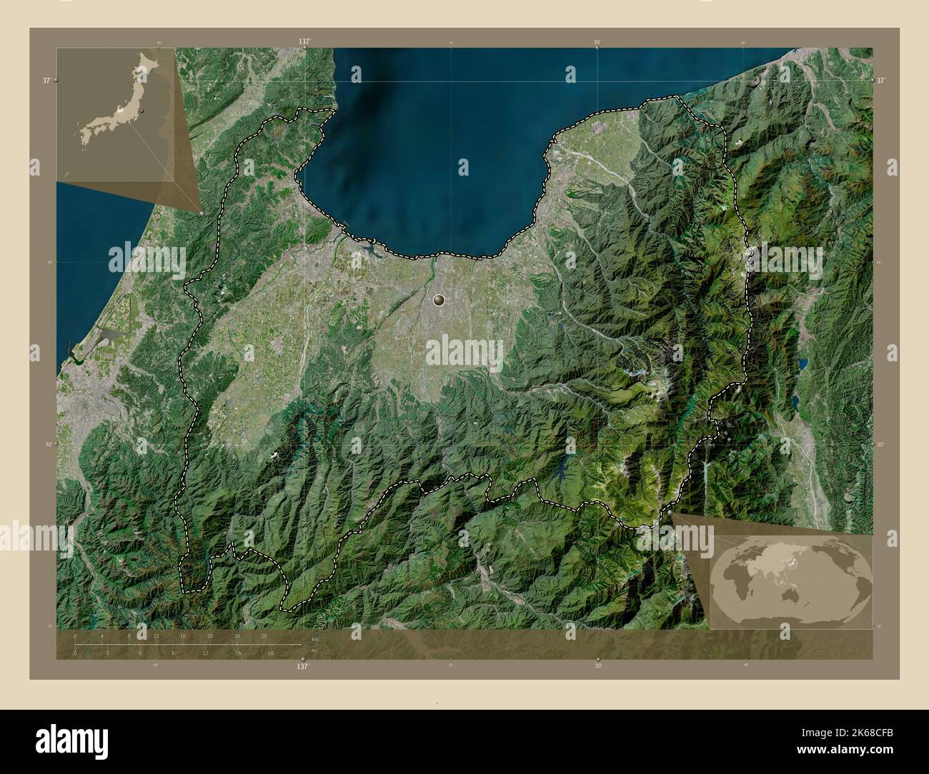 Toyama, Präfektur von Japan. Hochauflösende Satellitenkarte. Karten für zusätzliche Eckposition Stockfoto