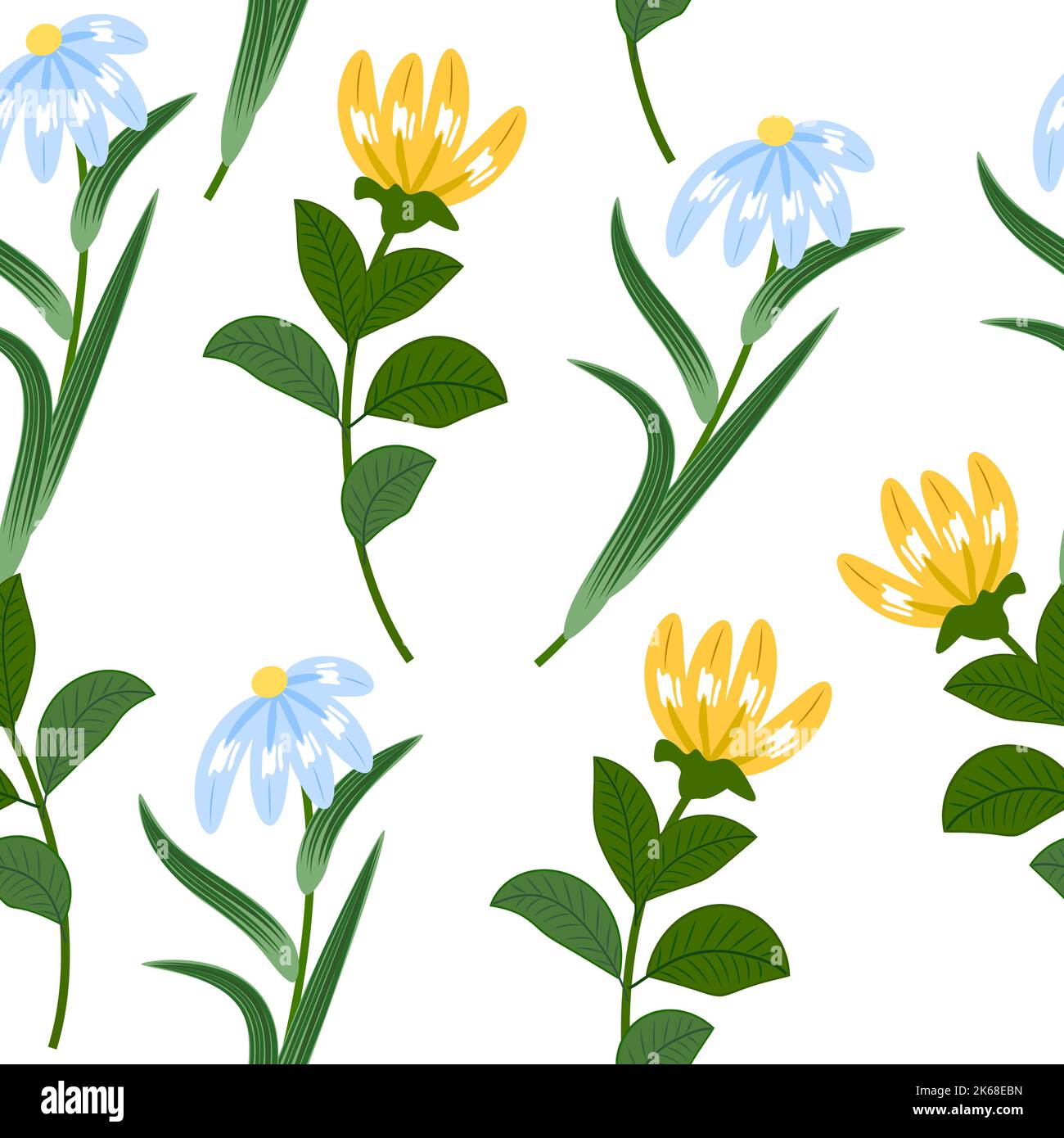 Nahtloses Muster mit blauen und gelben Blüten. Blumen dekorativen Vektor Hintergrund, Pflanzen, botanisches Design für Mode, Stoff, Tapete Stock Vektor