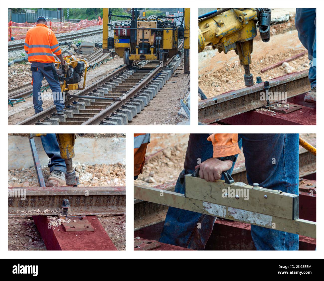 Collage mit Bauarbeitern bei der Arbeit am Bahnhof. Bau einer neuen Eisenbahnlinie an einem Stadtbahnhof. Stockfoto