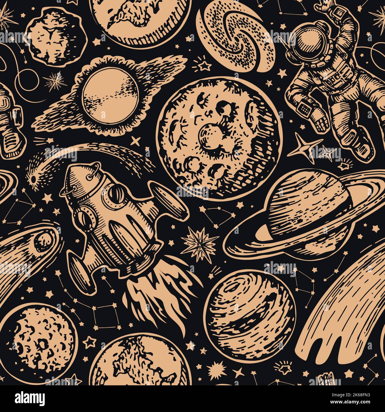 Space Nahtloses Muster. Fantasy-Hintergrund mit Planeten und Sternen. Futuristisches kreatives Design Vektorgrafik Stock Vektor