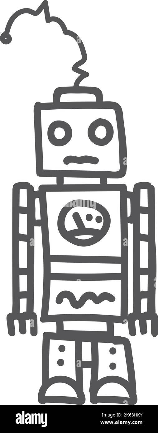Roboter-Doodle-Zeichnung. Niedliche mechanische Hand gezeichnet Charakter Stock Vektor