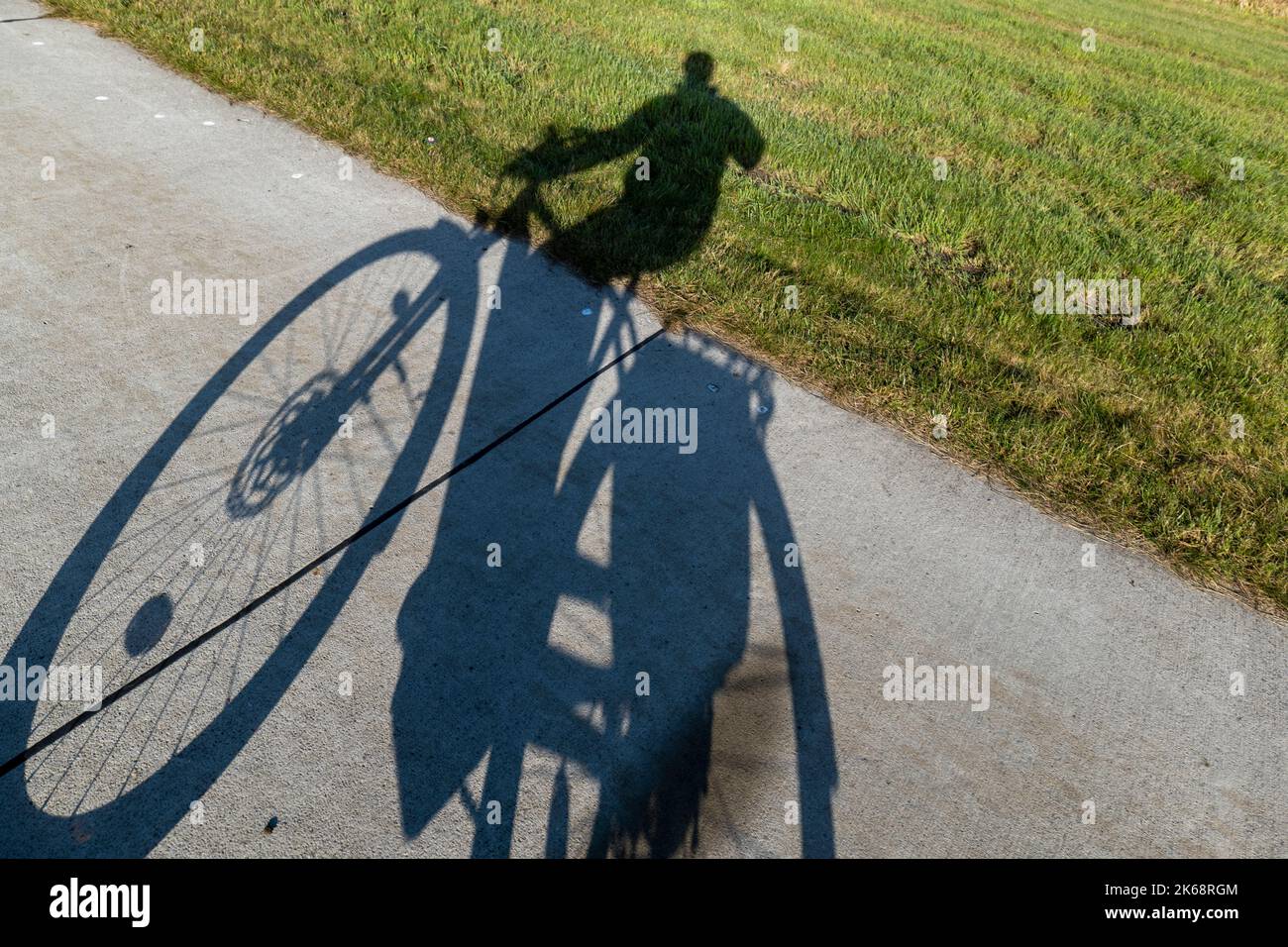 Schatten eines Radfahrers auf dem Weserradweg südlich von Bremerhaven Stockfoto