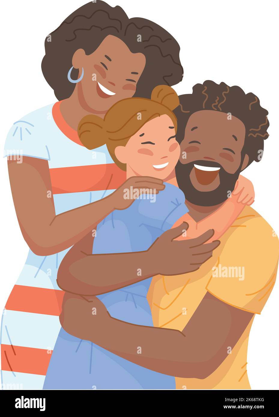 Schwarze Eltern umarmen kaukasisches Mädchen. Familie mit Adoptivkind isoliert auf weißem Hintergrund Stock Vektor