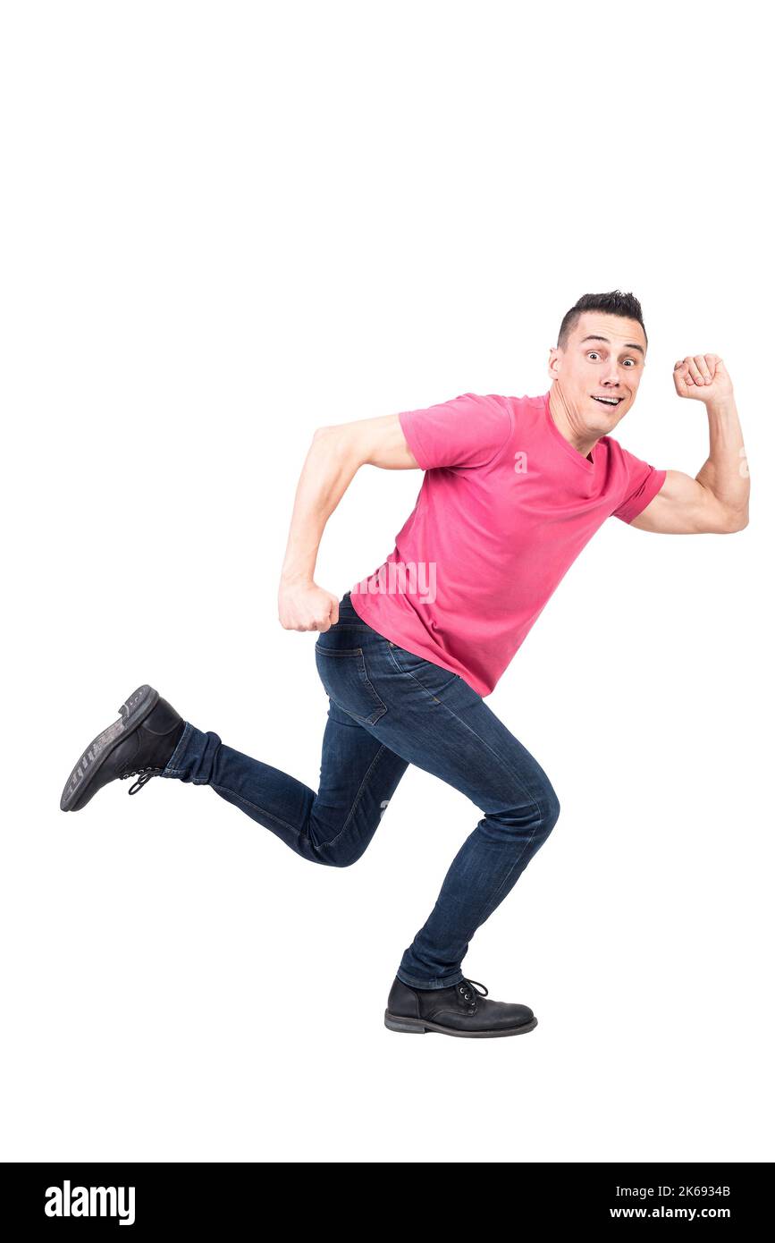 Mann, der im Lichtstudio läuft. Weißer Hintergrund Stockfoto