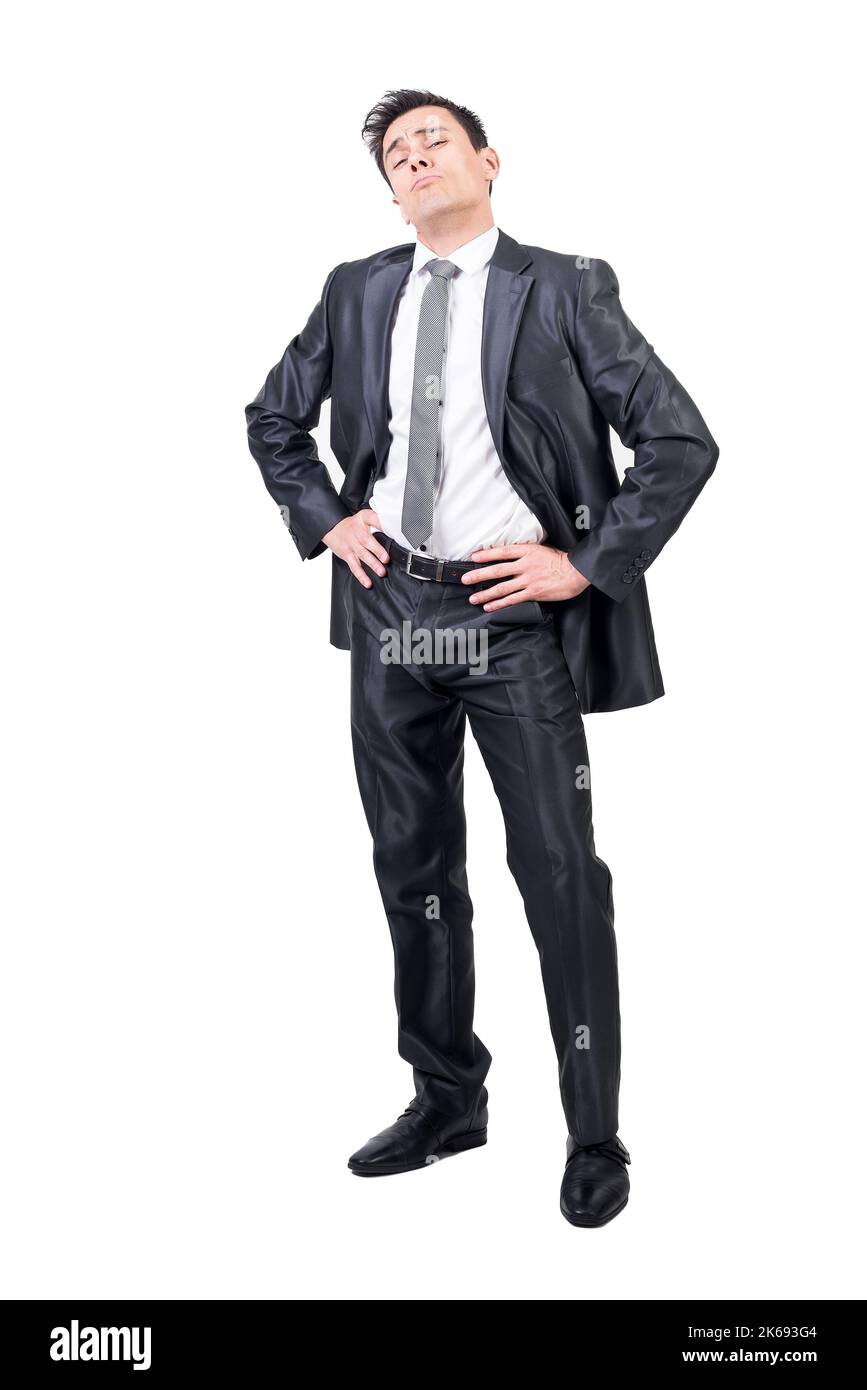 Arroganter Mann in formellem Anzug. Weißer Hintergrund. Stockfoto
