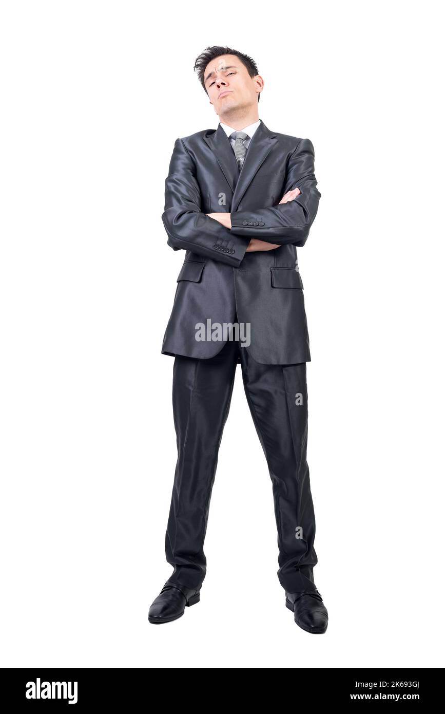 Arroganter Mann in elegantem Anzug. Weißer Hintergrund. Stockfoto