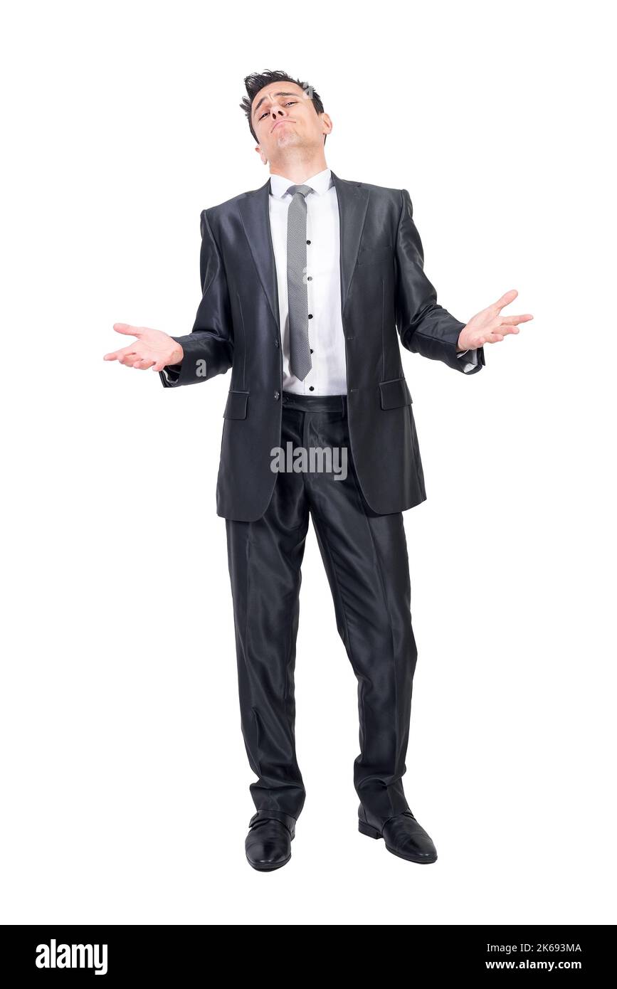Arroganter Boss in formellem Anzug. Weißer Hintergrund. Stockfoto