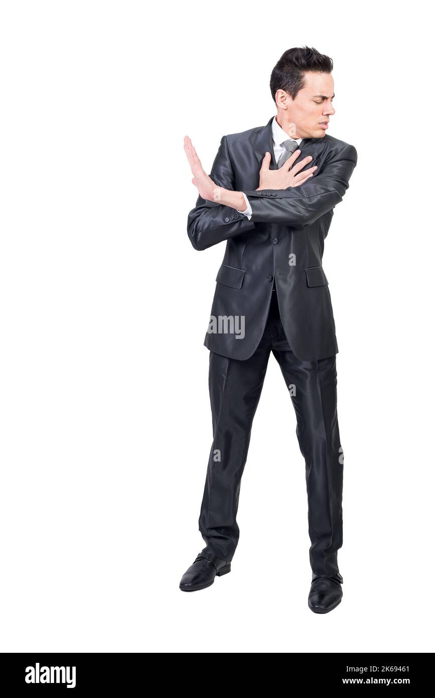 Verletzter Geschäftsmann zeigt Stoppgeste. Weißer Hintergrund. Stockfoto