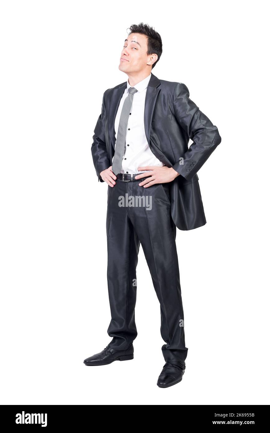 Optimistischer Mann in formeller Anzugkleidung. Weißer Hintergrund. Stockfoto