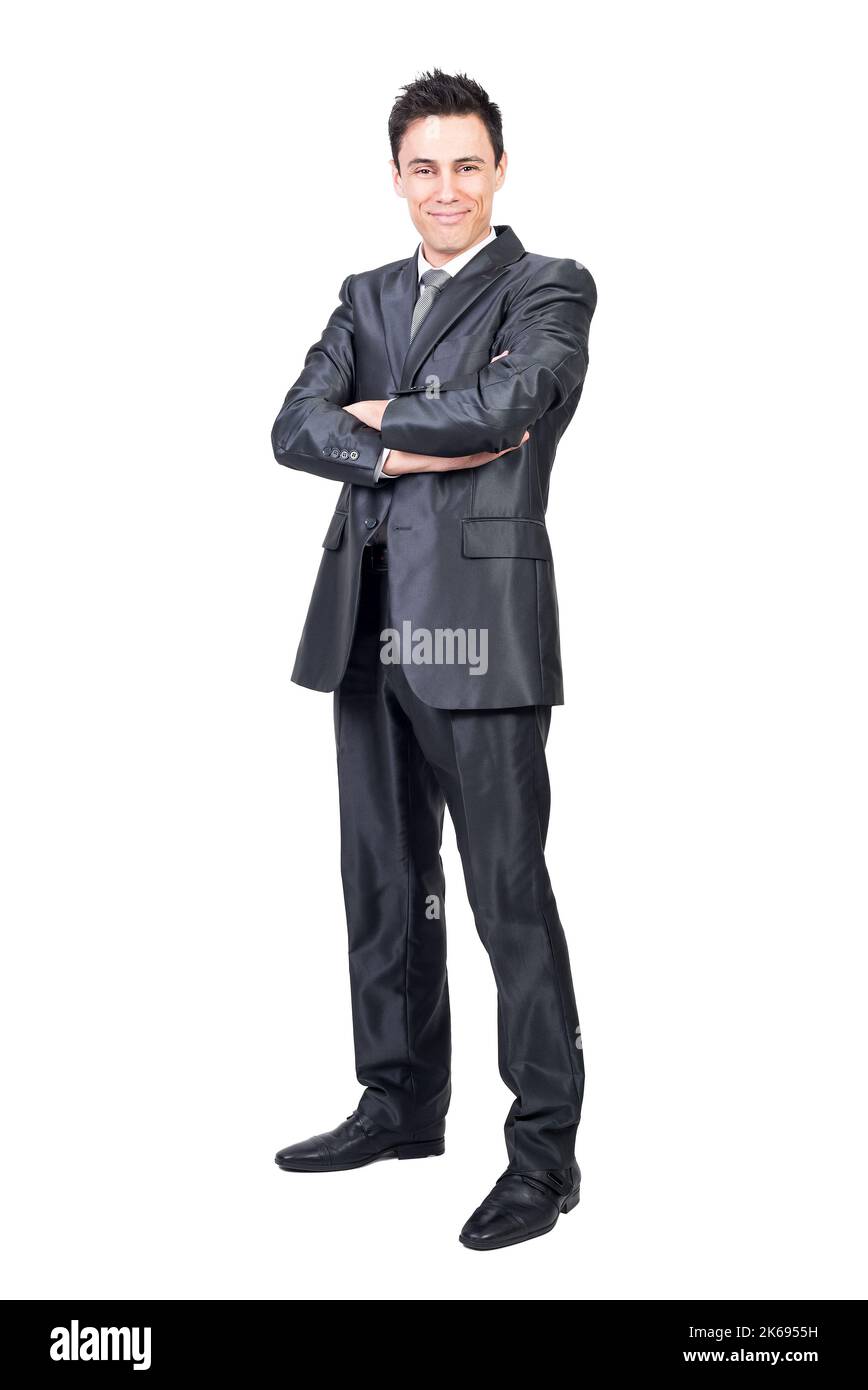 Positiver Mann in elegantem Anzug. Weißer Hintergrund. Stockfoto