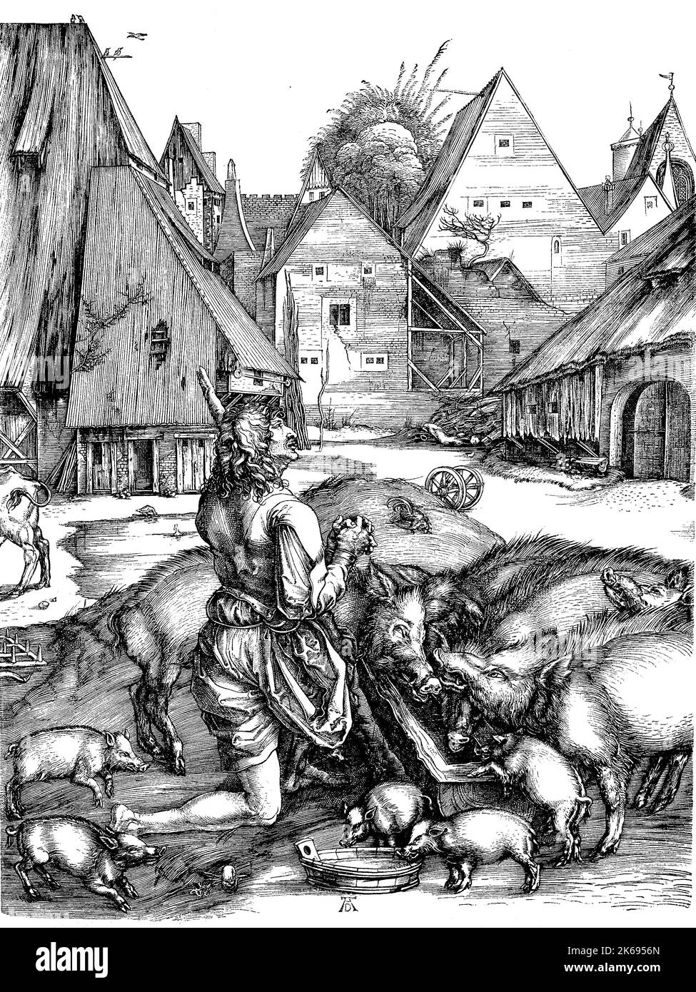Digital verbesserte Reproduktion, der verlorene Sohn an die Schweine, nach einem Gemälde von Albrecht Dürer, original woodprint Th 19. Stockfoto