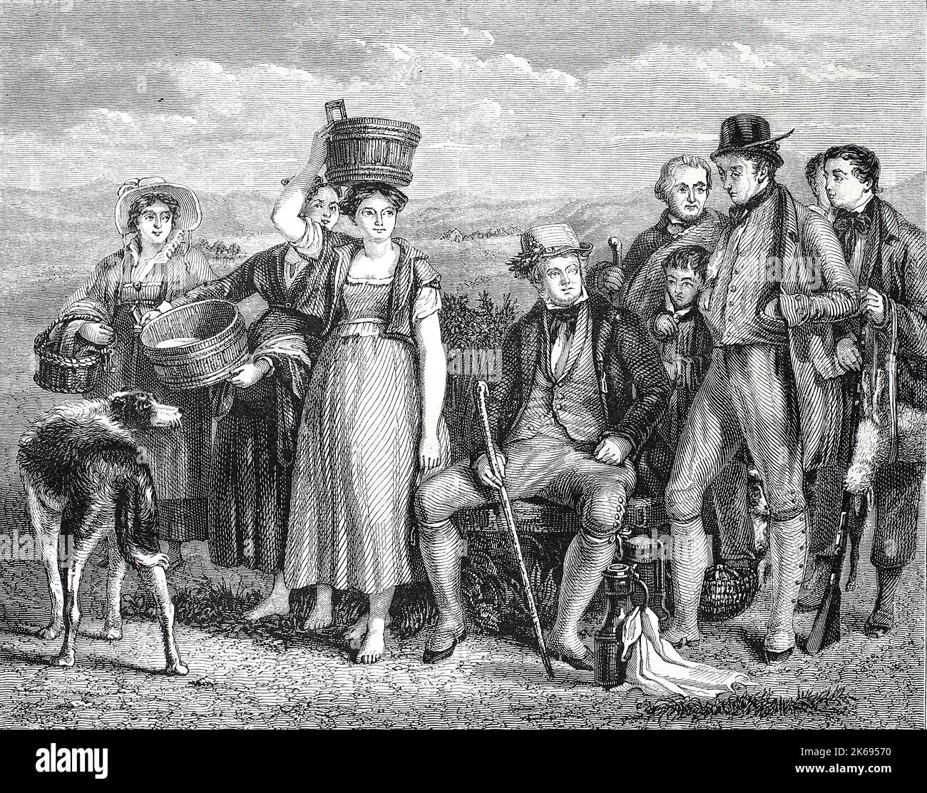 Digital verbesserte Reproduktion, Sir Walter Scott, 1st Baronet FRSE FSA Scot, geboren 1771, gestorben 1832, eine Schottische historischer Schriftsteller, Dichter, Dramatiker und Historiker, der mit seiner Familie, original woodprint Th 19. Stockfoto