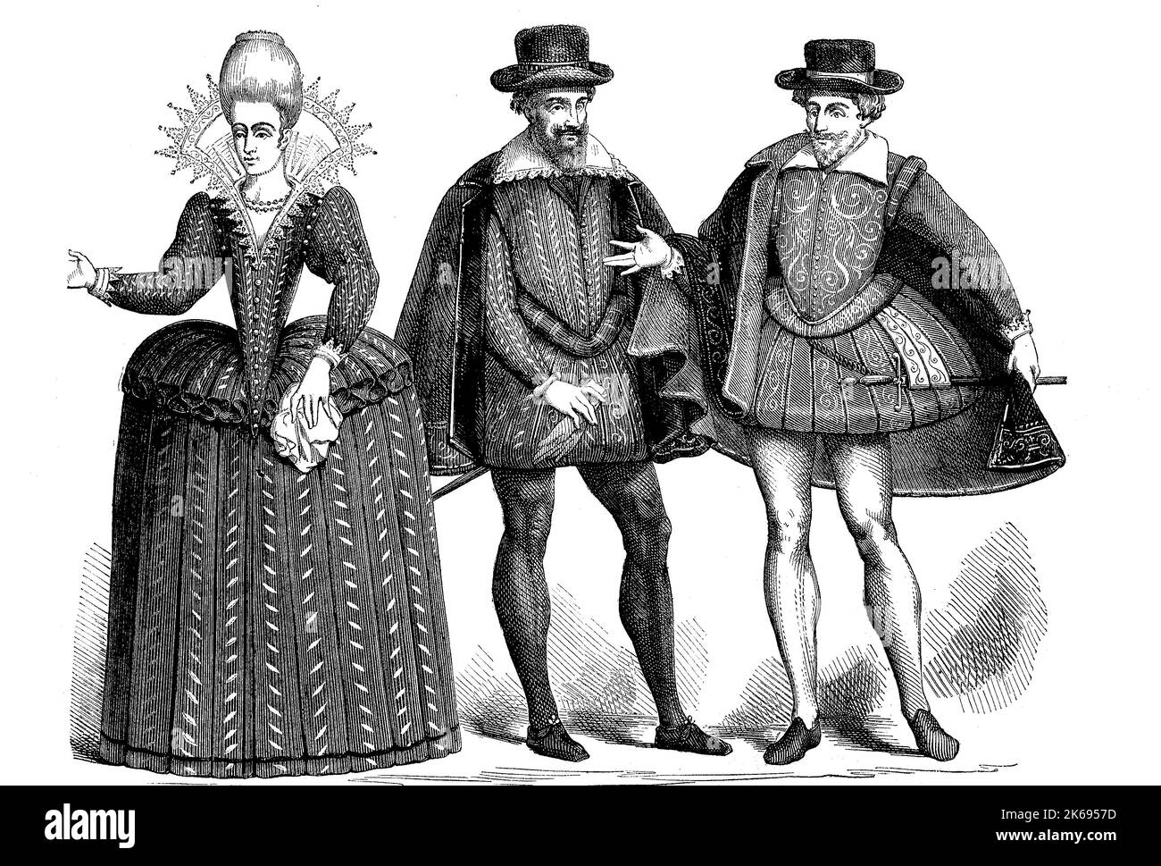 Digital verbesserte Reproduktion, eine Dame und zwei Herren in der Mode 1605, Paris, Frankreich, original woodprint Th 19. Stockfoto