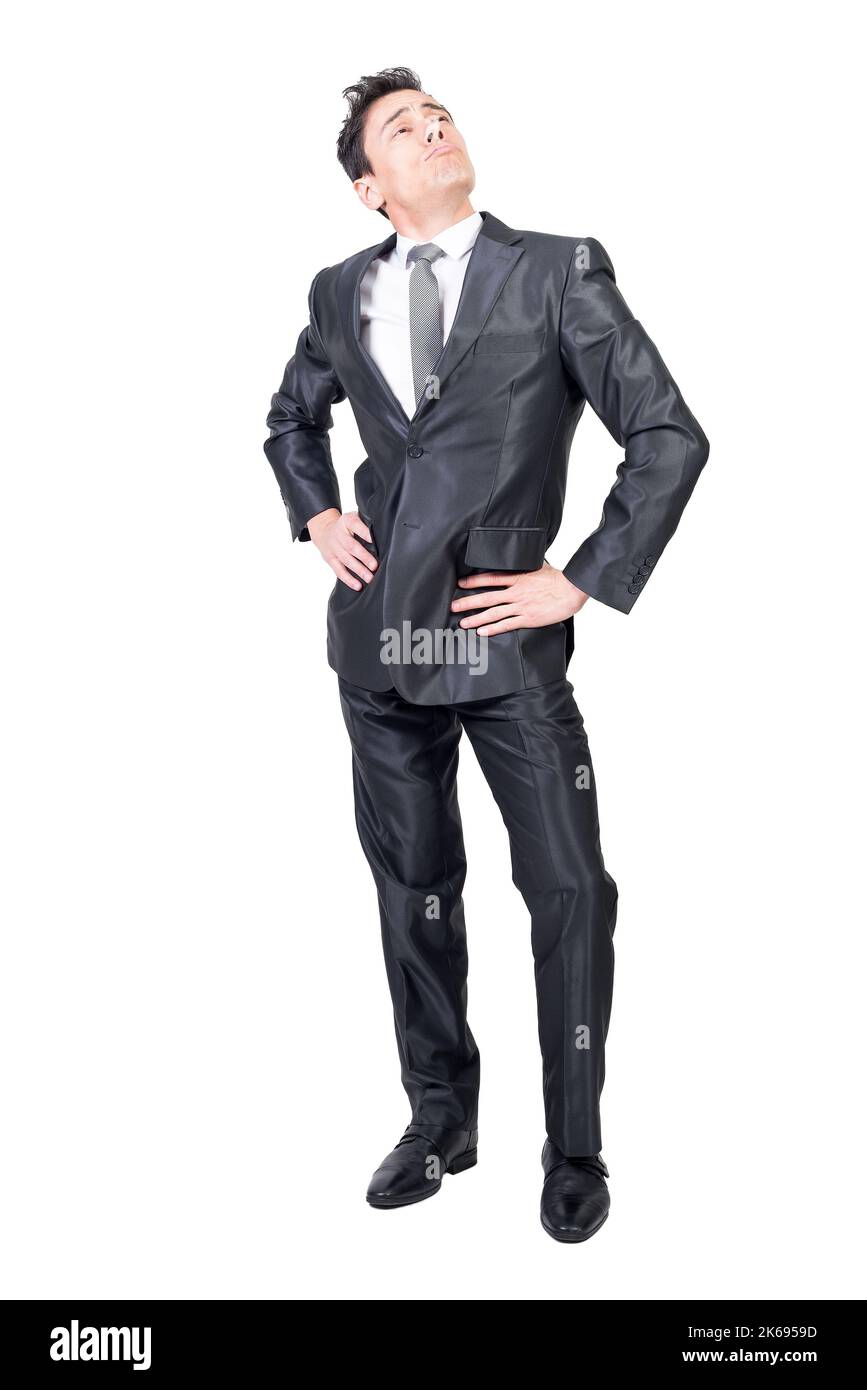 Arroganter Mann in formellem Anzug. Weißer Hintergrund. Stockfoto