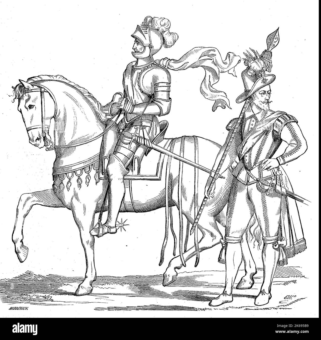 Digital verbesserte Reproduktion, ein gendarm in 1593, ein Hauptmann der Königlichen Garde ehrenhalber, in Rouen, Frankreich, original woodprint Th 19. Stockfoto