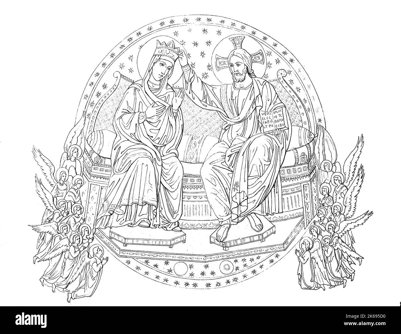 Digital verbesserte Reproduktion, Krönung der Jungfrau oder Krönung Mariens ist ein Thema, das in der christlichen Kunst, von Giacomo Turrita, Jacopo Torriti, original woodprint Th 19. Stockfoto