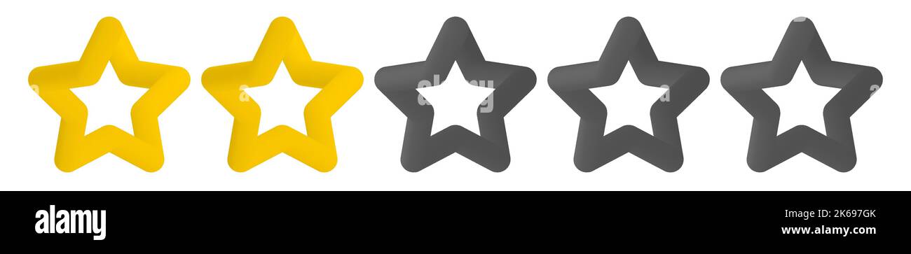Zwei 2 goldene Sterne Rang Symbol. Zwei 3D Sterne von fünf auf weißem Hintergrund. Bewertung von Hotel, Restaurant, Institution, Hotel, mobiler App oder Café. Niedlich Stock Vektor