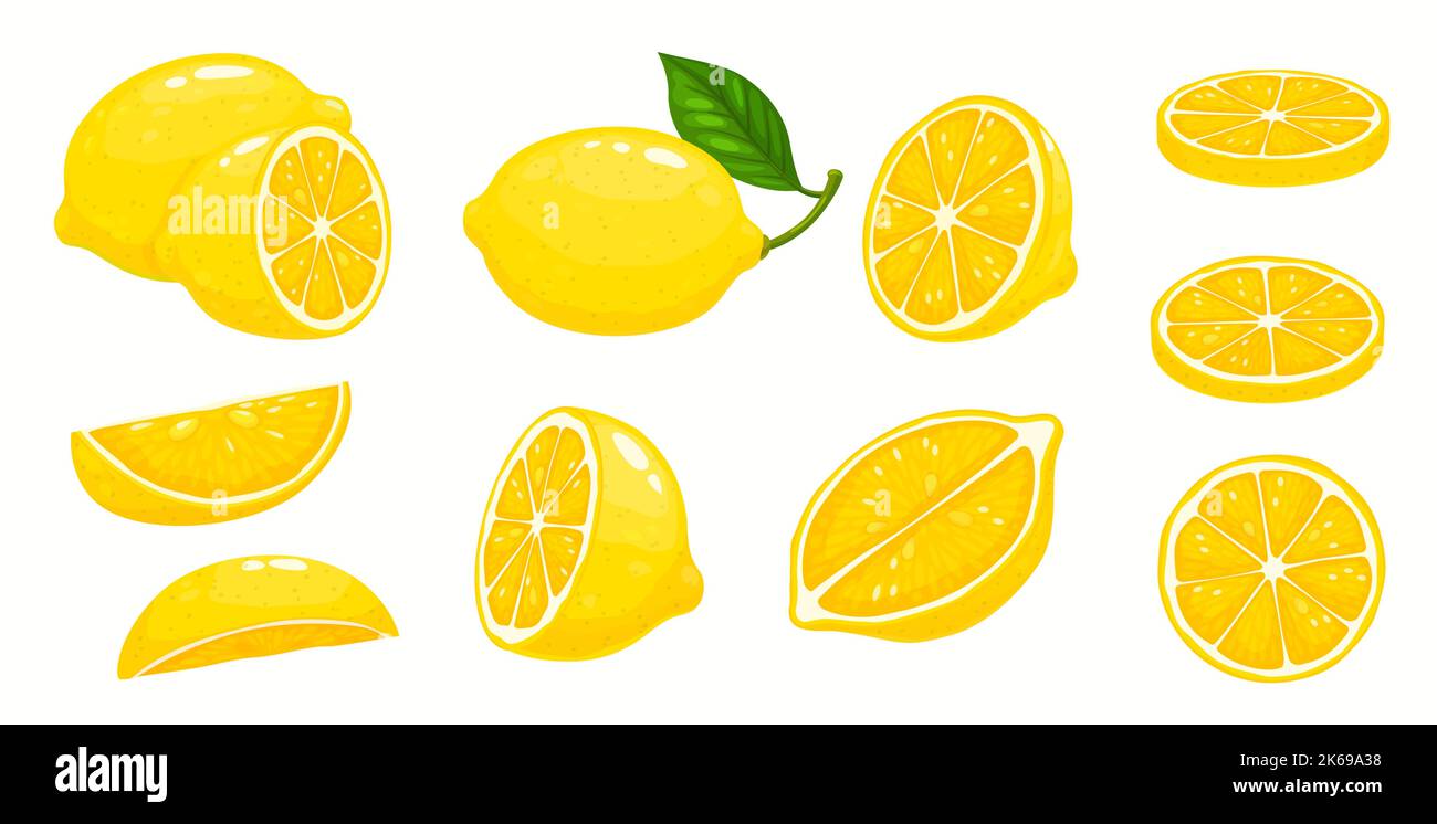 Cartoon Zitronenfrucht Scheiben, halb geschnitten und ganz mit Blatt, Vektor-Objekt. Tropical Citrus Lemon Fruit Food und Vitamin C in Scheiben für saftige Marmelade, Marmelade oder Zitronengeschmack Dessert-Design Stock Vektor