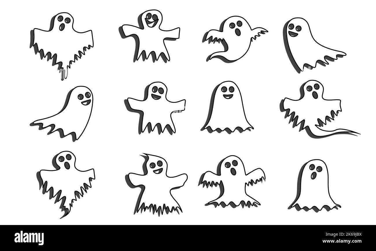 Halloween, Halloween Party, Geister, gute Geister, weiße Farbe und neutraler Hintergrund. Stockfoto