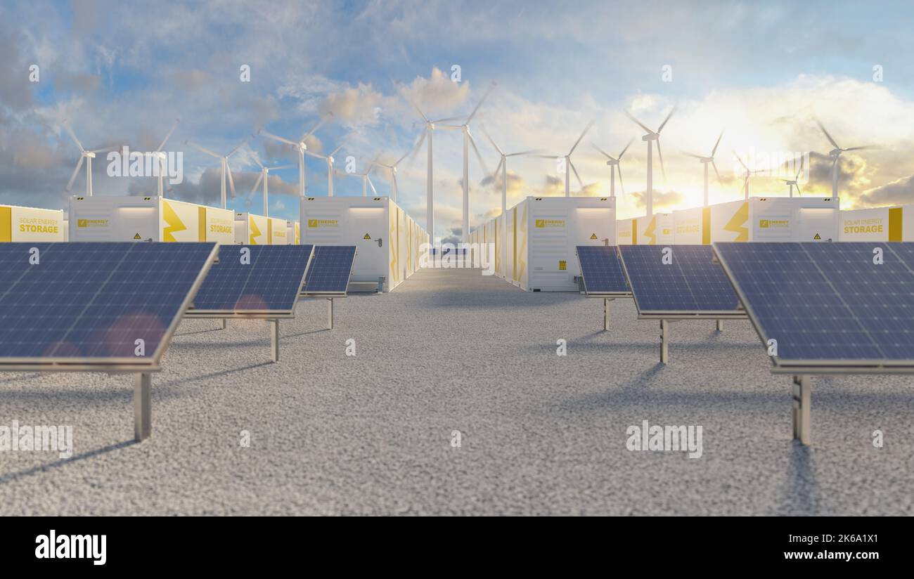 Batteriespeicher-Kraftwerk, das von Solar- und Windkraftanlagen begleitet wird. Bild des neuen Energiekonzepts Stockfoto