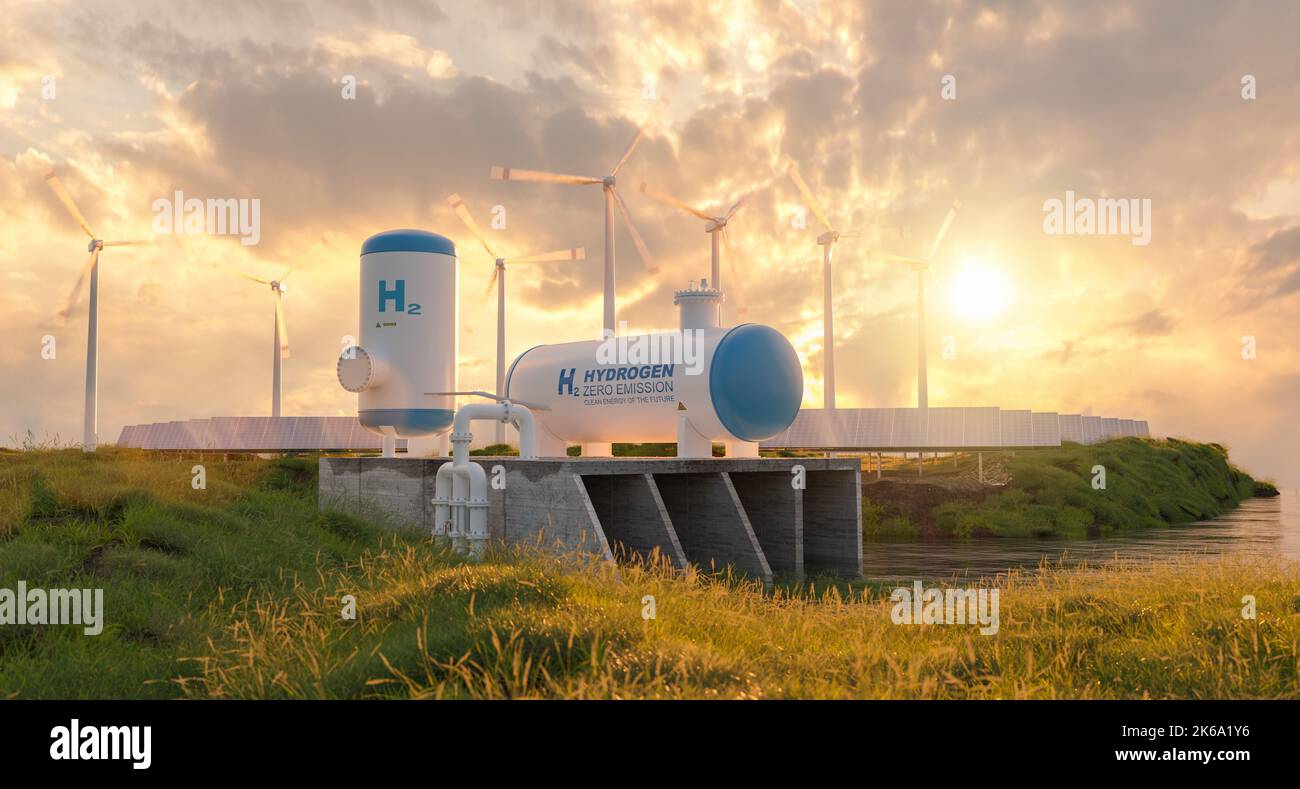 Wasserstoff-Gas-Tank erneuerbare Energieerzeugung - Wasserstoffgas-Pipeline für sauberen Strom Solar-und Windturbinenanlage Stockfoto
