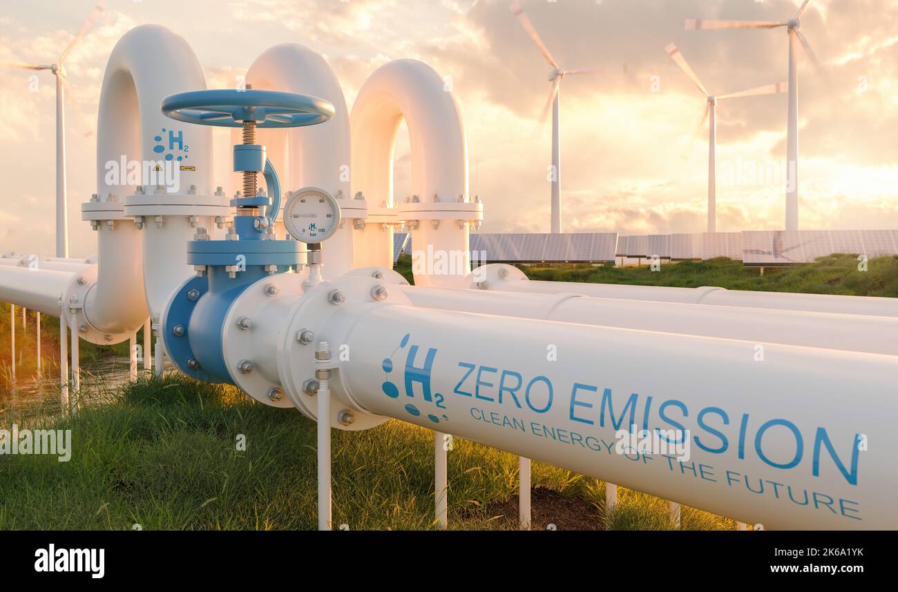 Wasserstoff-Null-Emission-Pipeline mit Windturbinen und Solarpanel ...